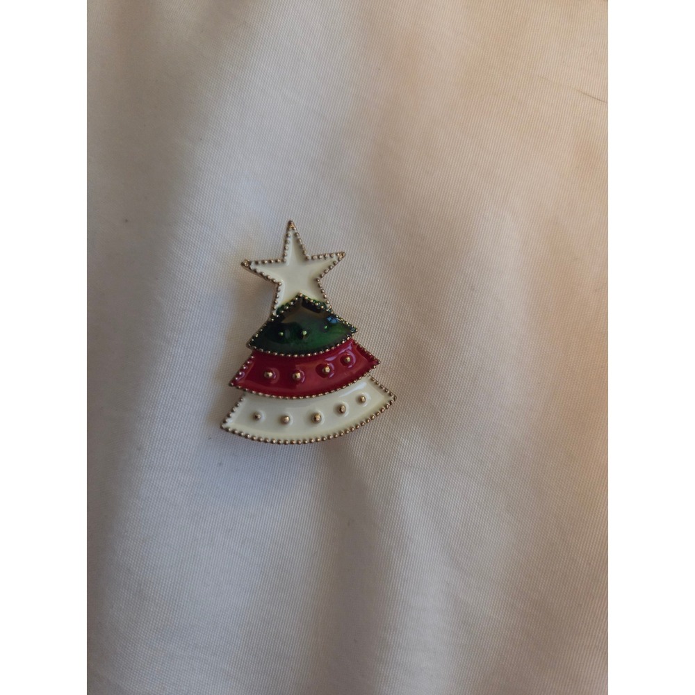 Vintage Style Enamel Christmas Tree Brooch Pin Green Red White Holiday Jewelry